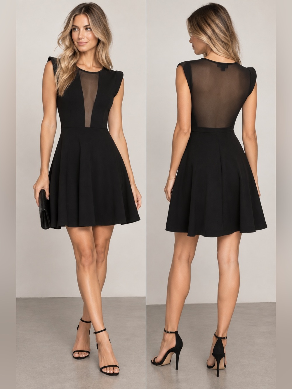 bebe Black Mesh-Front Fit & Flare Mini Dress
